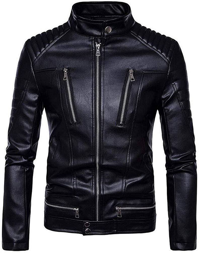 Quilted Men's Motorcycle Multi Zipper Men's Faux Leather Jacket - Faux Leather Jacket (Regular Big & Tall)