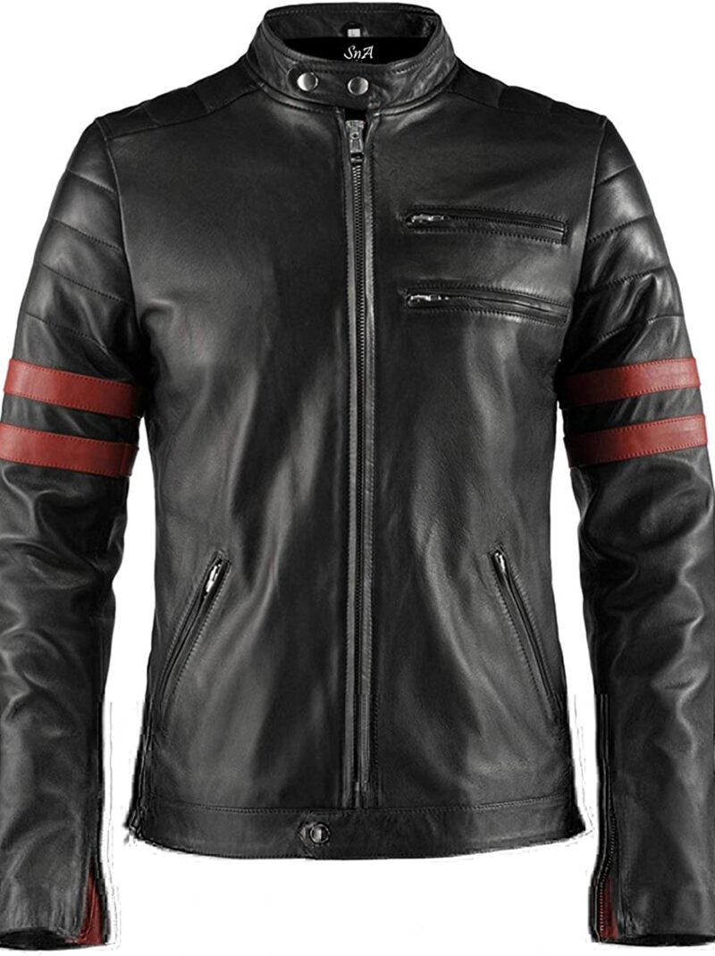 Tough Look Red Stripped Faux Leather Jacket for Men - Mens PU Leather Jacket